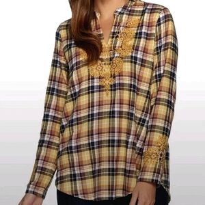 New LOGO LORI GOLDSTEIN Plaid Cotton Long Sleeve Tunic Embroidery sz 6/8 Pockets